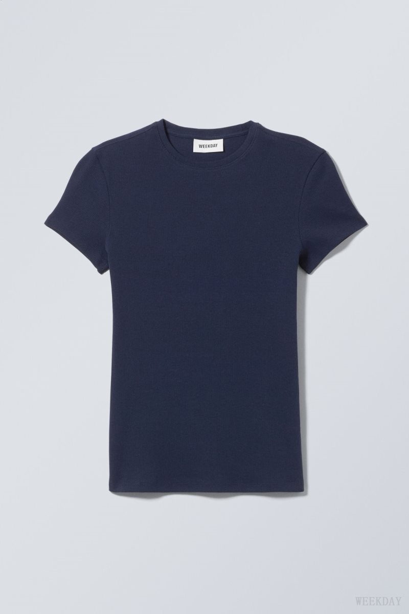 Weekday Close Fitted Rib T-Shirt Sötétkék | KQUR4736