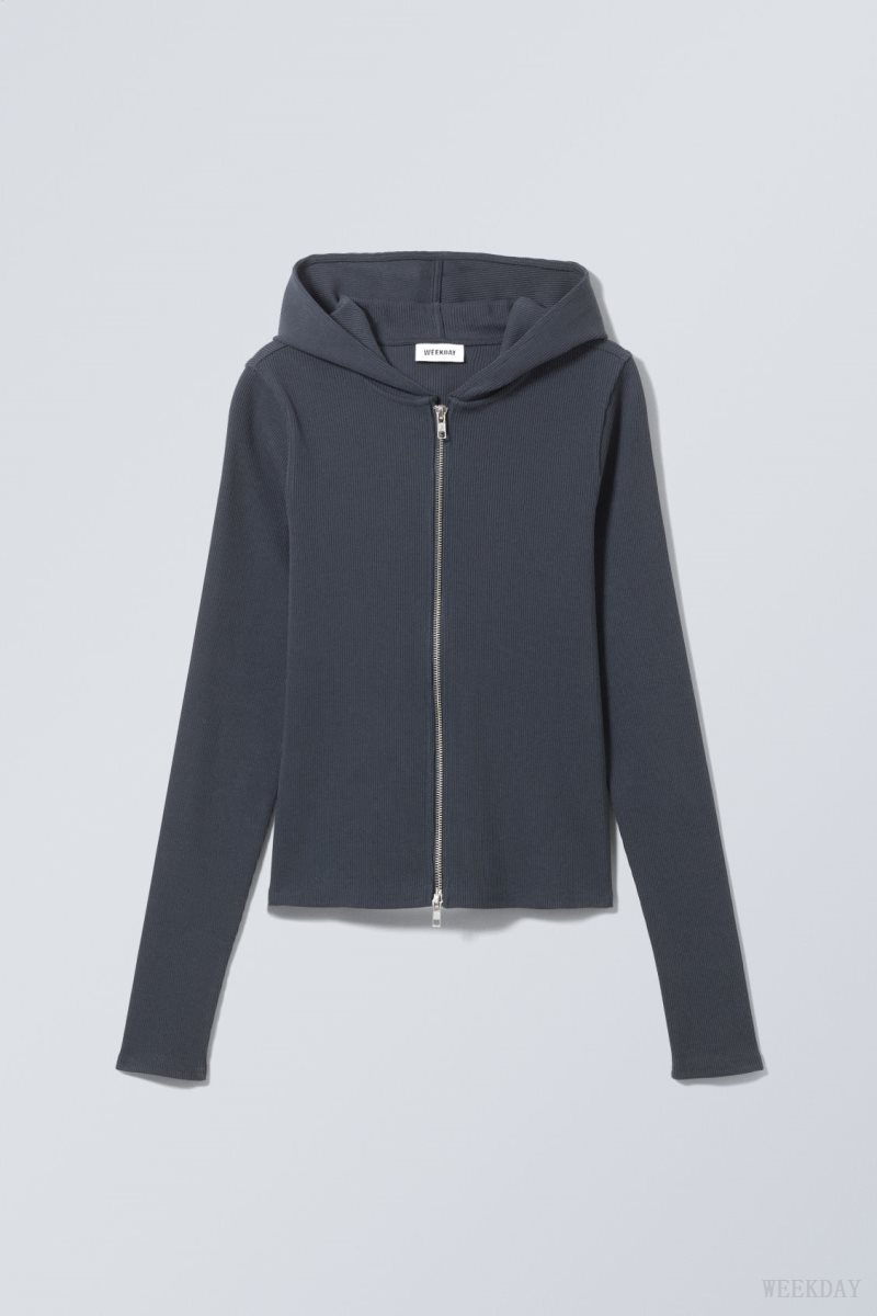 Weekday Cut Tight Zip Hoodie Sötétkék | HXOU3345