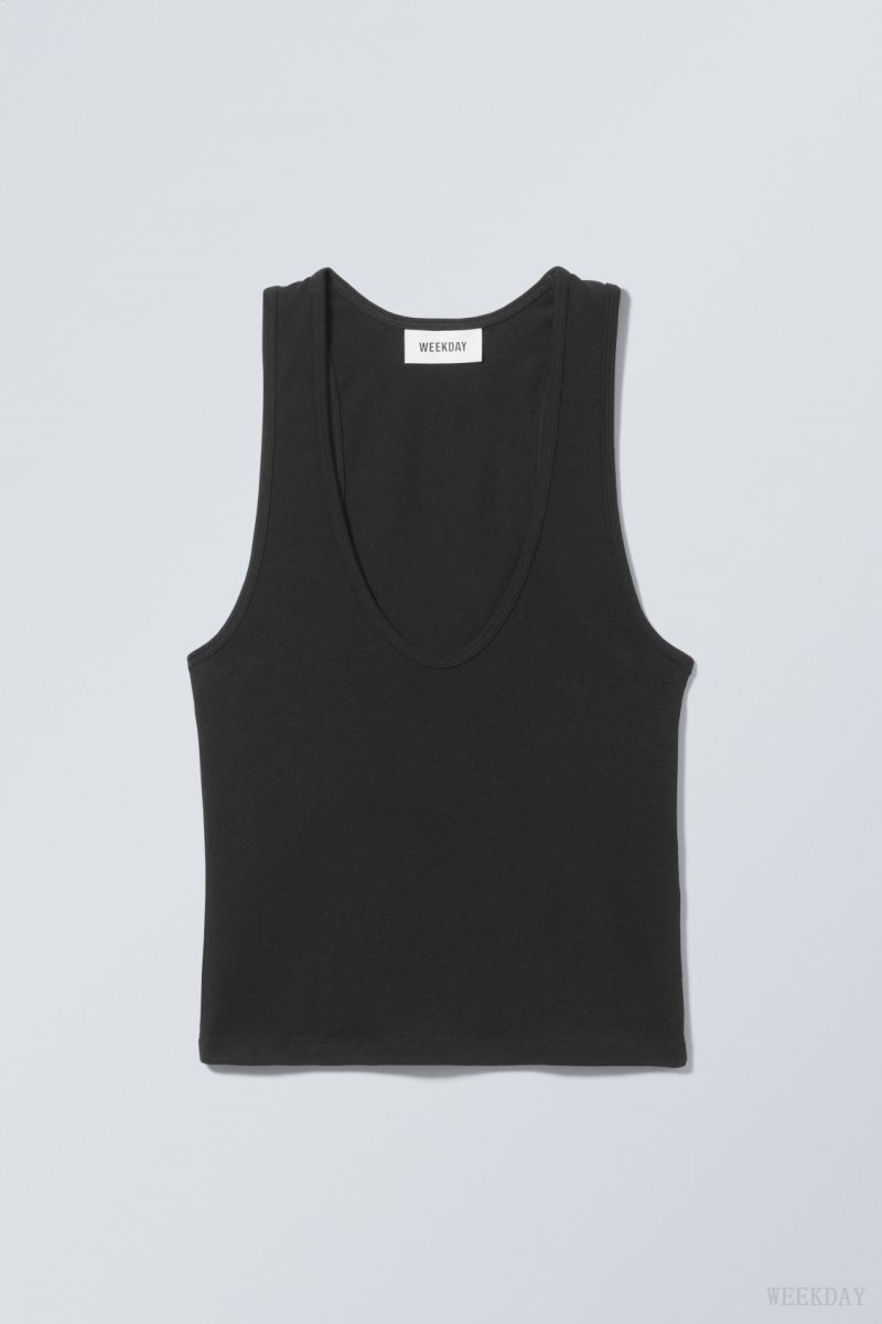 Weekday Deep U-Neck Tank Top Fekete | MNQX7917