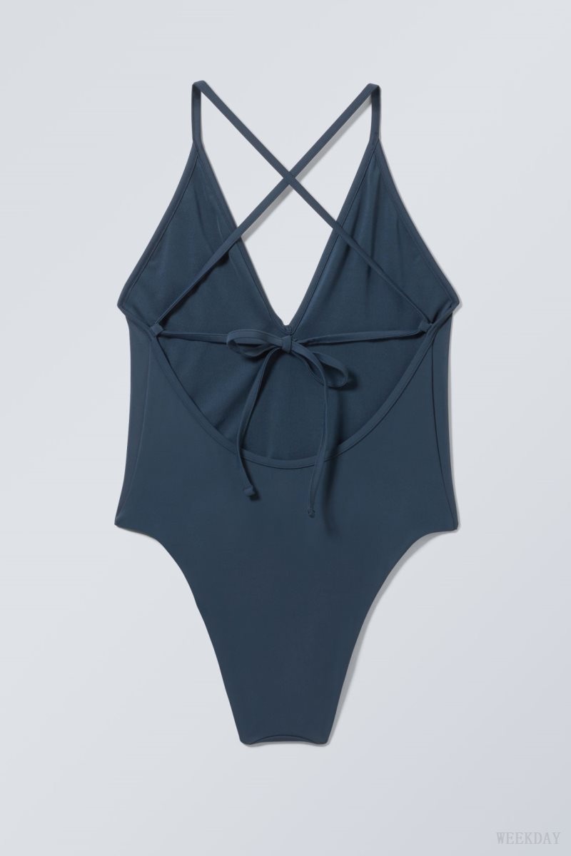 Weekday Deep V-neck Swimsuit Sötétkék | YYQL8772