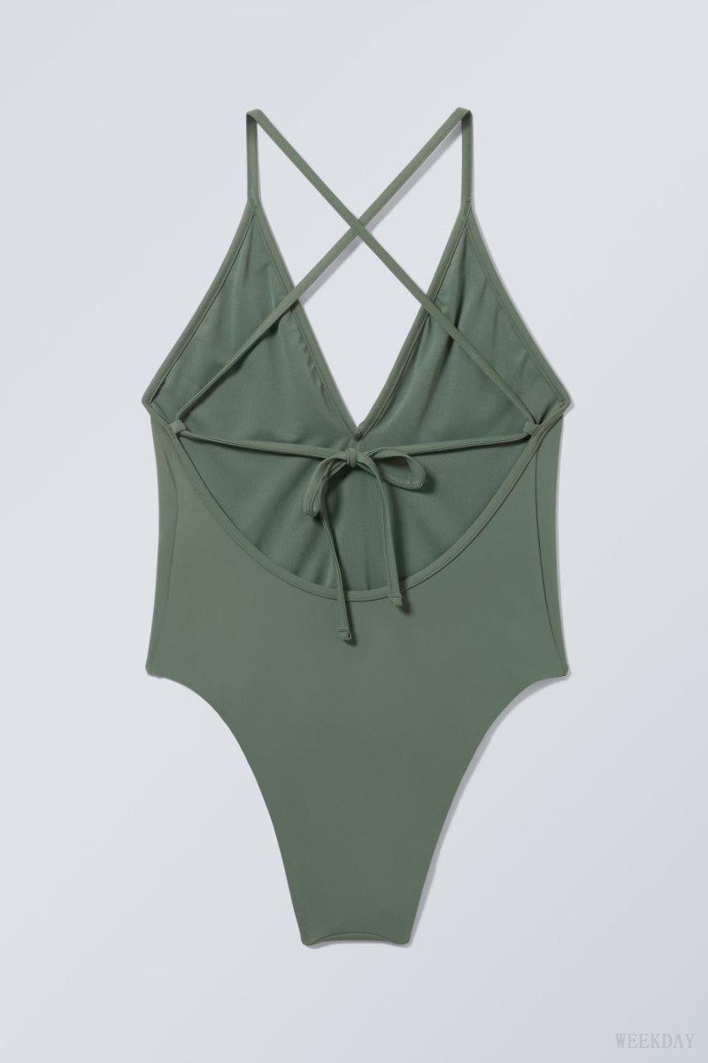 Weekday Deep V-neck Swimsuit Zöld | YVNU7607