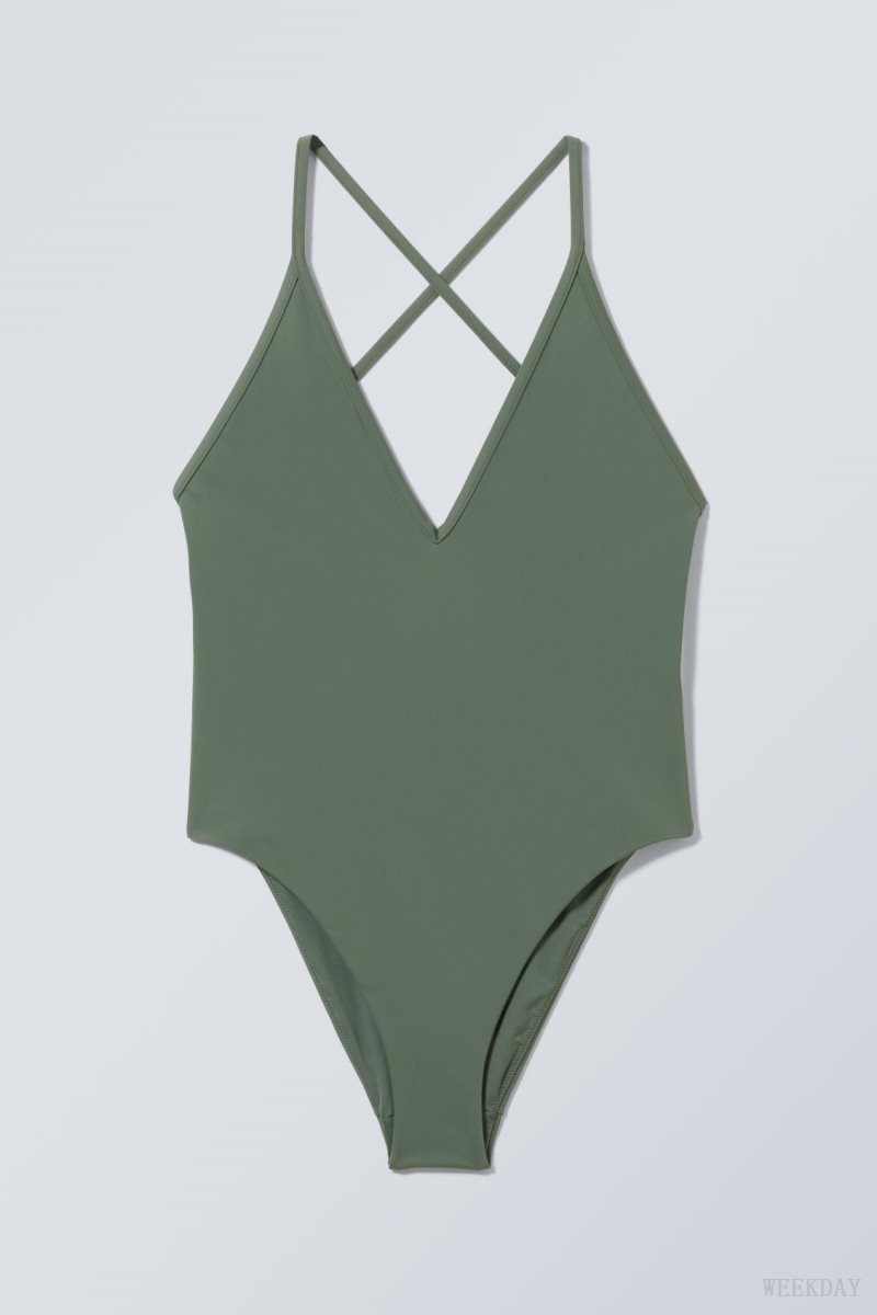 Weekday Deep V-neck Swimsuit Zöld | YVNU7607