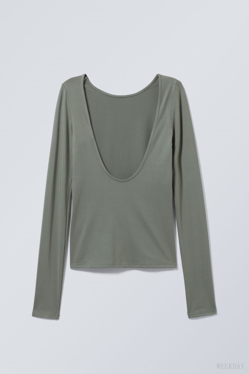 Weekday Gizem Open Back Long Sleeve Top Khaki Zöld | NHNM2969