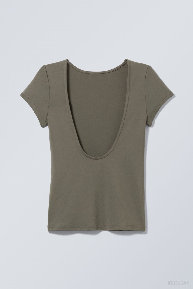 Weekday Gizem Open Back T-shirt Sötétkhaki Zöld | HSIL1075