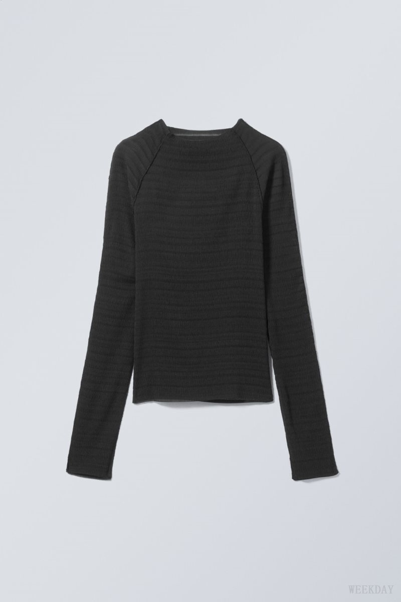 Weekday Laura Long Sleeve Redőzött Top Fekete | IOII7282