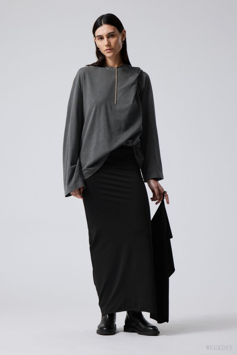 Weekday Long Asymmetric Drape Skirt Fekete | LGBR6862