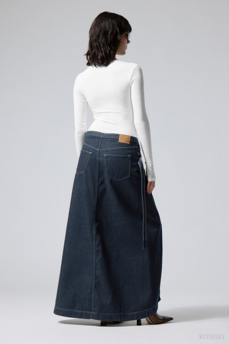 Weekday Main Denim Long Wrap Skirt Kék | GJEM1491