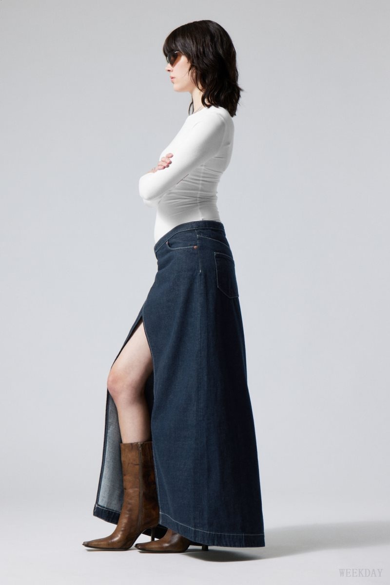 Weekday Main Denim Long Wrap Skirt Kék | GJEM1491