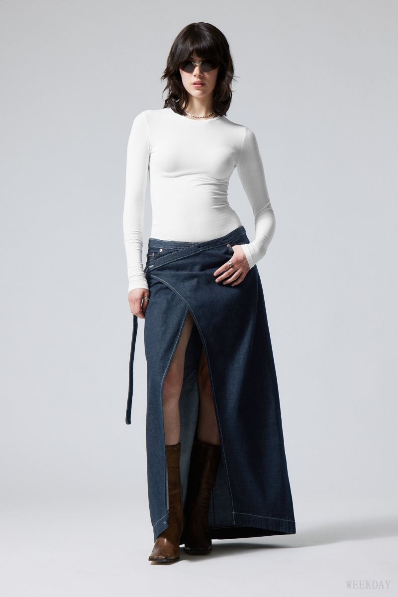 Weekday Main Denim Long Wrap Skirt Kék | GJEM1491