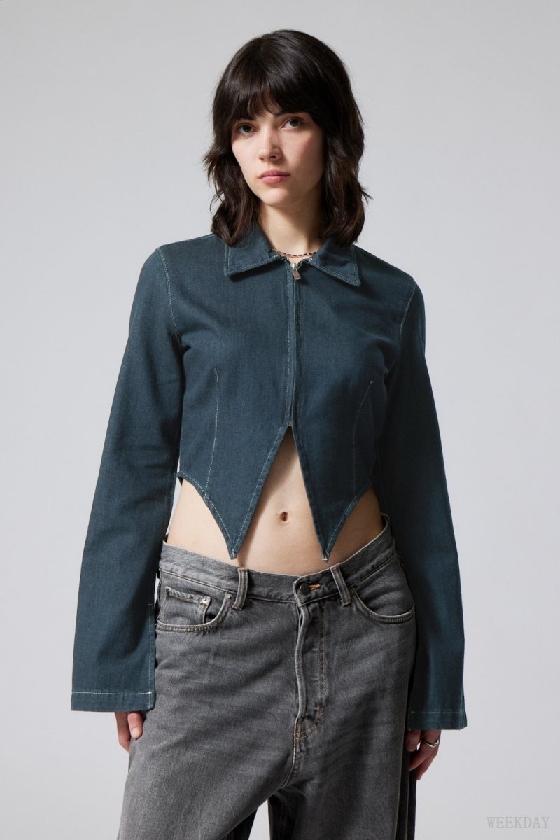 Weekday Main Denim Split Front Zip Shirt Kék | PJWA4649