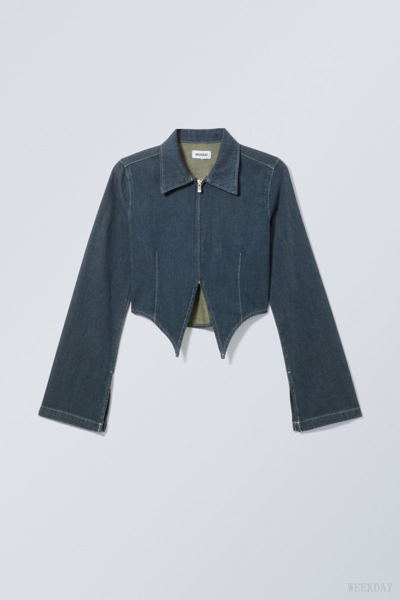 Weekday Main Denim Split Front Zip Shirt Kék | PJWA4649