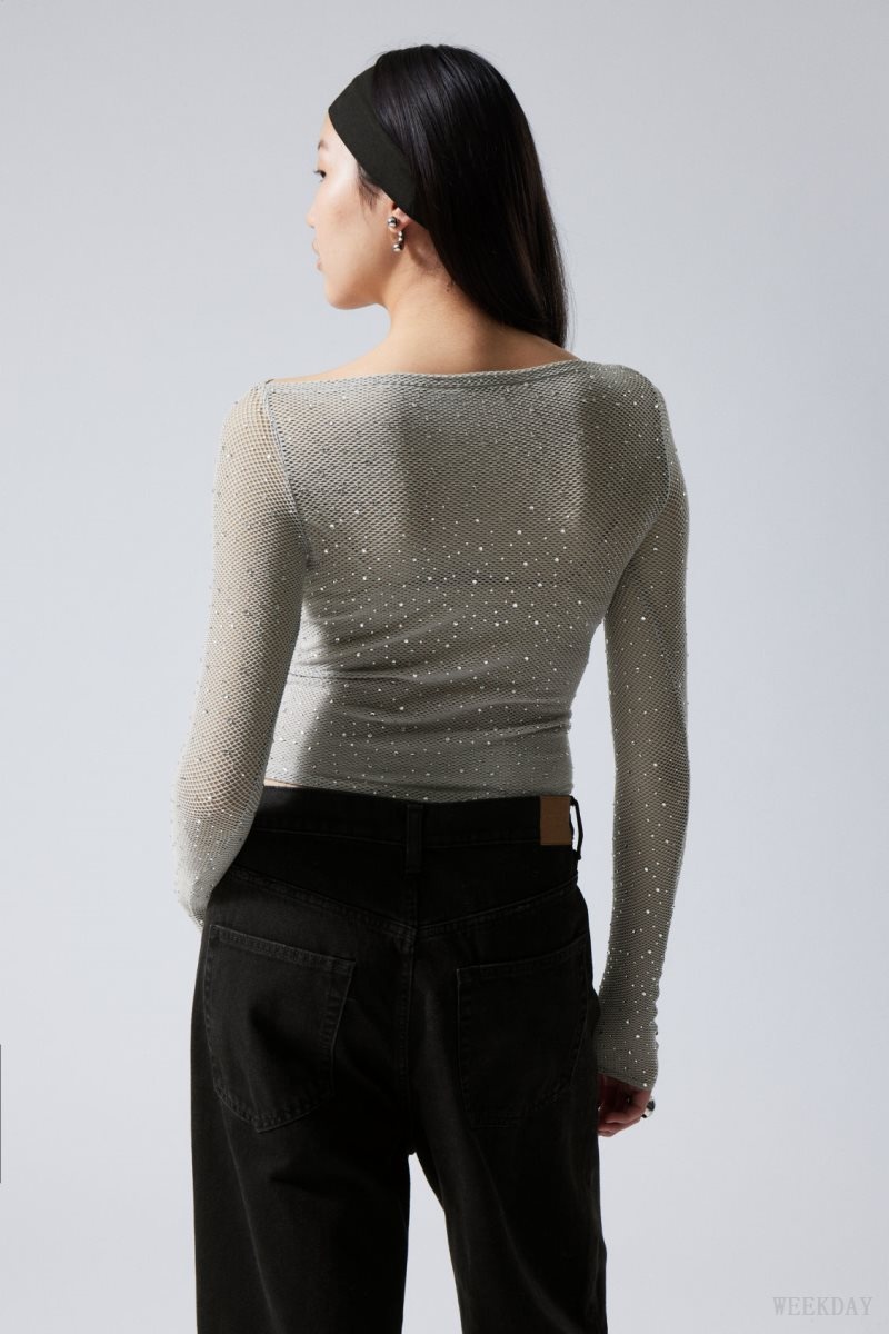 Weekday Net Rhinestone Long Sleeve Top Szürke | EREQ6834