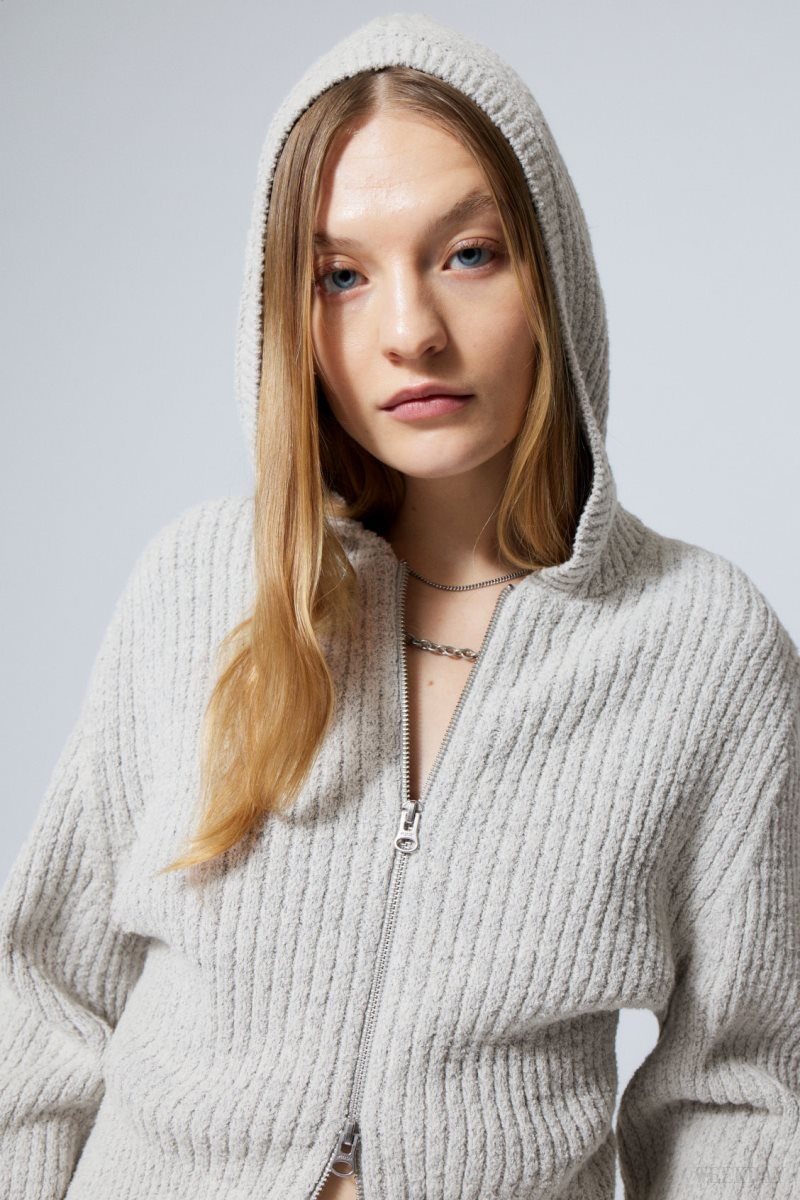 Weekday Ofelia Rib Knit Zip Hoodie Fehér | BGLI8169