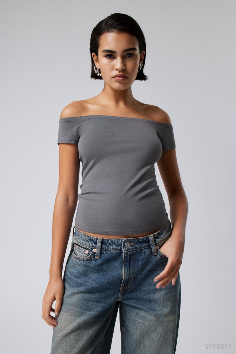 Weekday Off Shoulder T-shirt Sötétszürke | ELLU5483