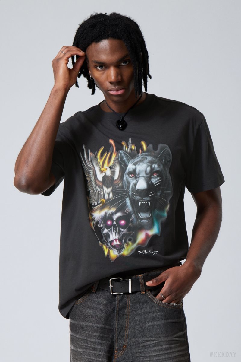 Weekday Oversized Grafika Printed T-shirt Raw Animals Energy | QVDI6741