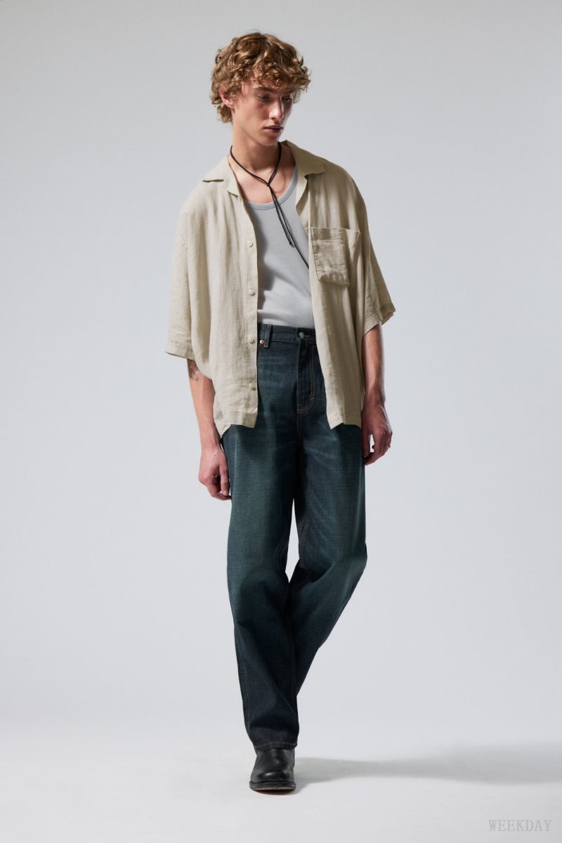 Weekday Oversized Linen Rövid Sleeve Shirt Ecru | AFWF3844