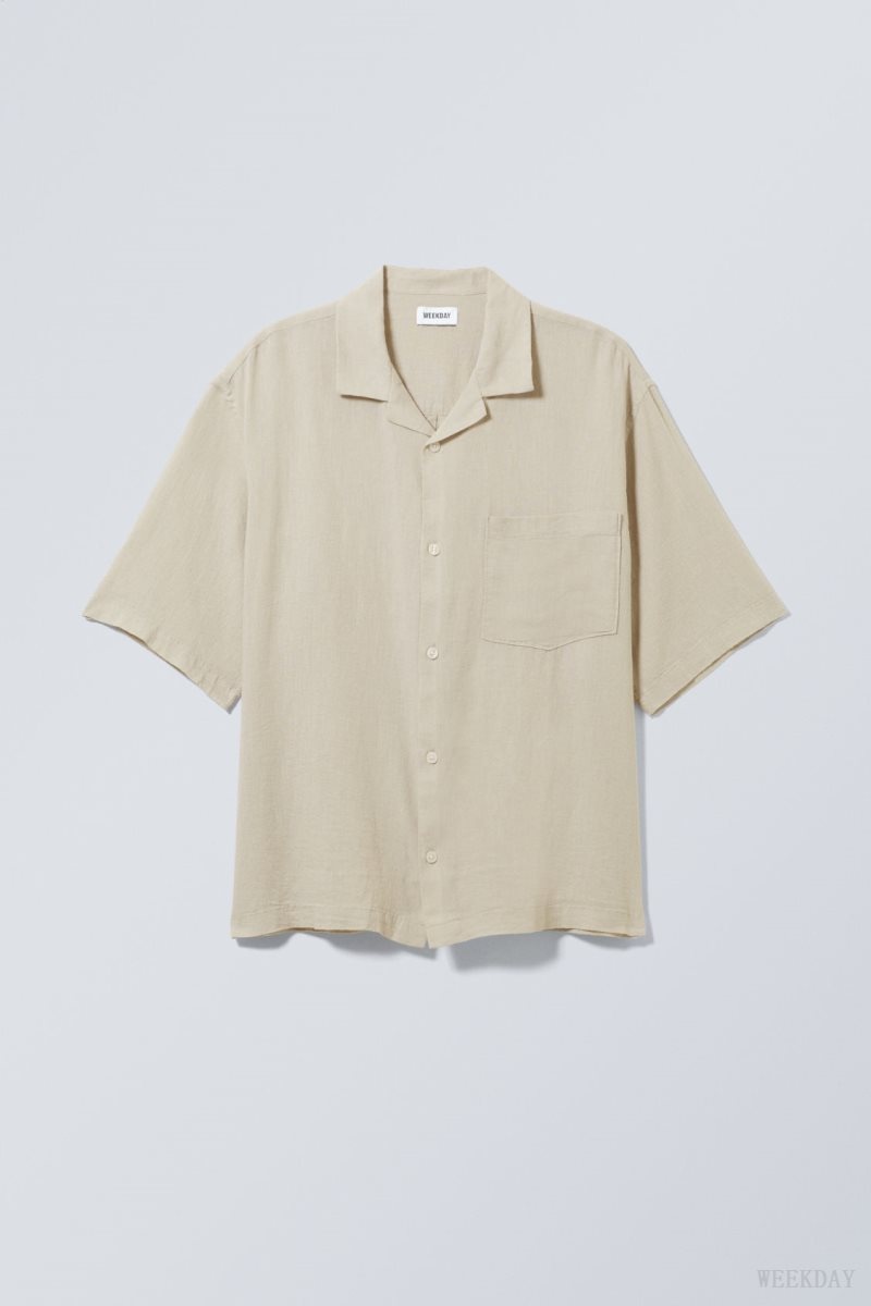 Weekday Oversized Linen Rövid Sleeve Shirt Ecru | AFWF3844