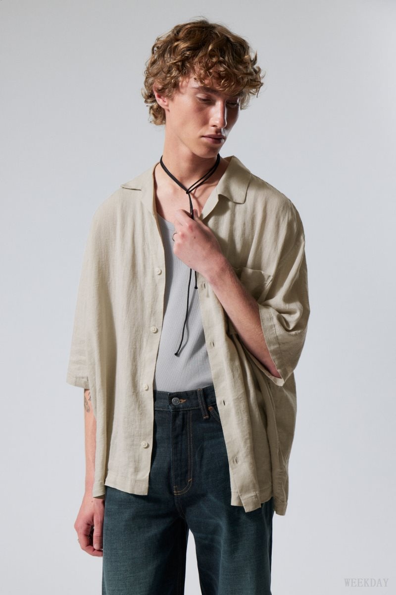 Weekday Oversized Linen Rövid Sleeve Shirt Ecru | AFWF3844