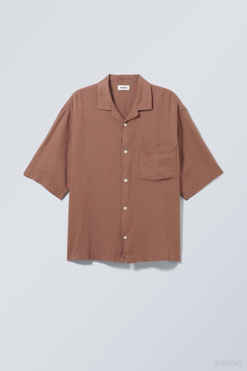 Weekday Oversized Linen Rövid Sleeve Shirt Barna | VOES8109