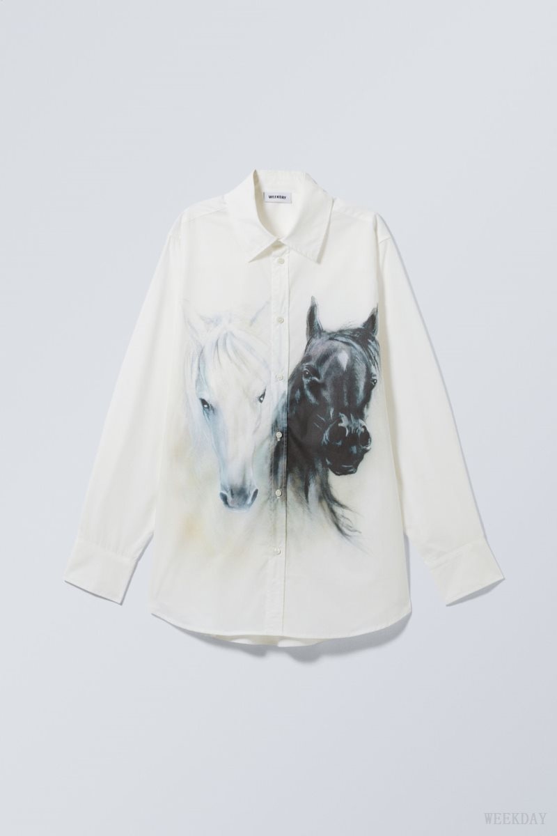 Weekday Oversized Printed Poplin Shirt Fehér Fekete | AZYO1246