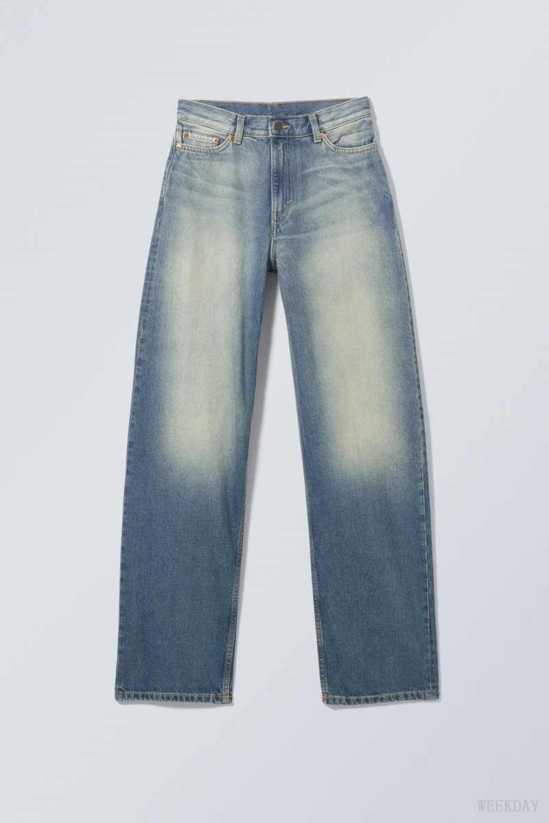 Weekday Rail Mid Loose Egyenes Jeans Kék | FIBN9658