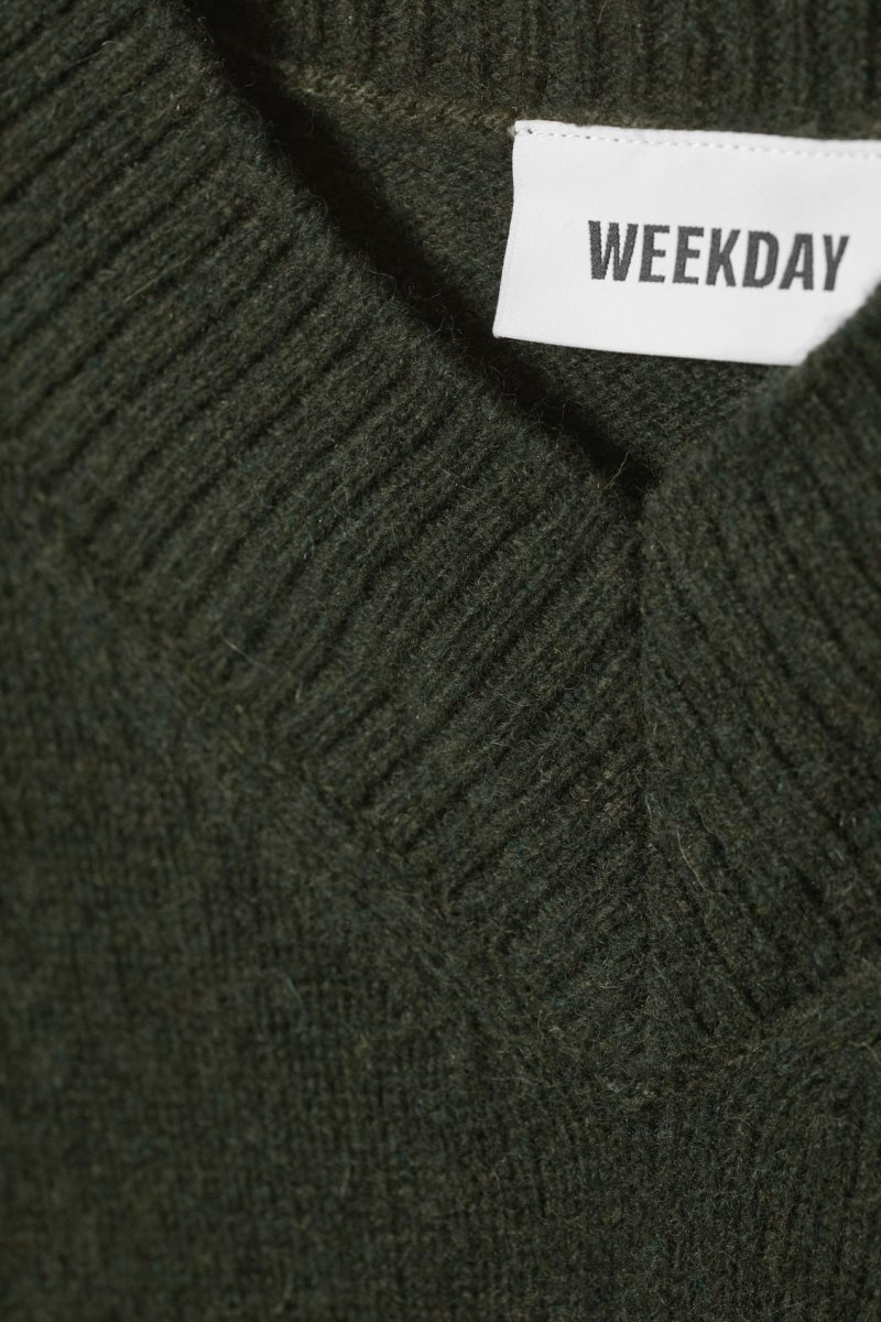 Weekday Reese V-neck Gyapjú Pulóver Sötétzöld | GEBT0207