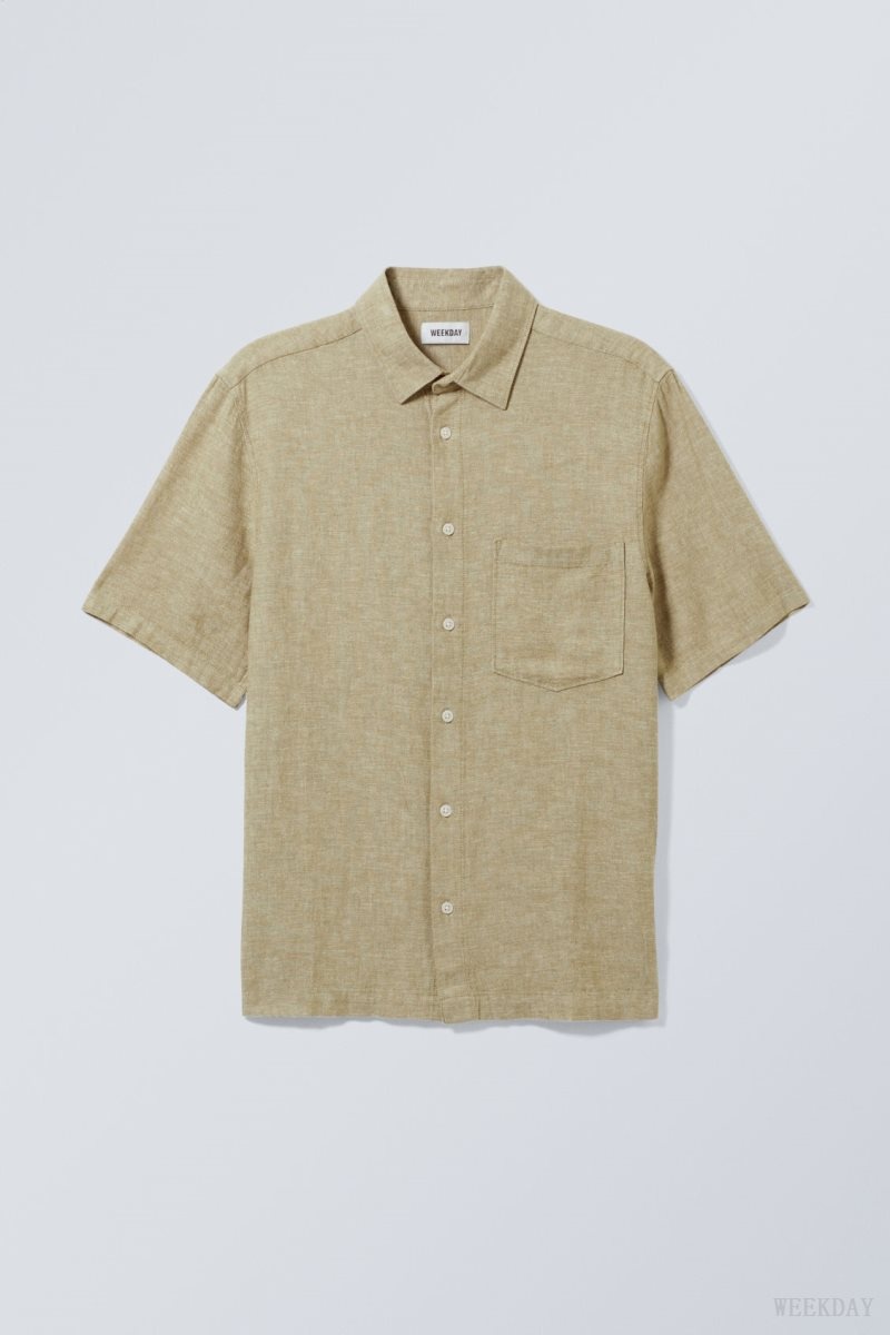 Weekday Relaxed Linen Rövid Sleeve Shirt Khaki | WHFV2801