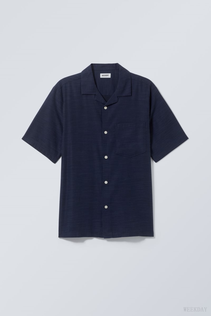 Weekday Relaxed Resort Rövid Sleeve Shirt Sötétkék | NEZL0490