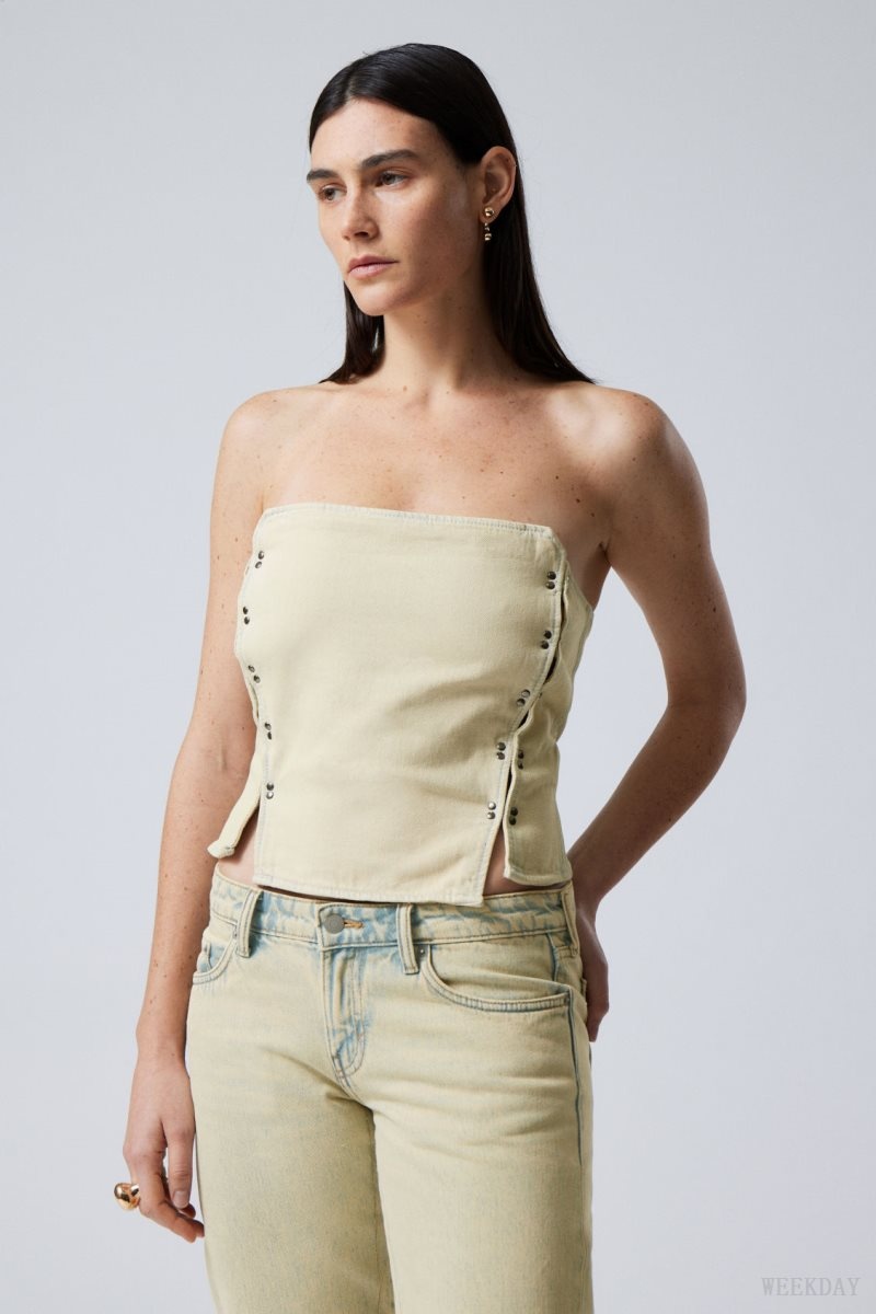 Weekday Rose Denim Corset Top Sunbleached | UMGT9969