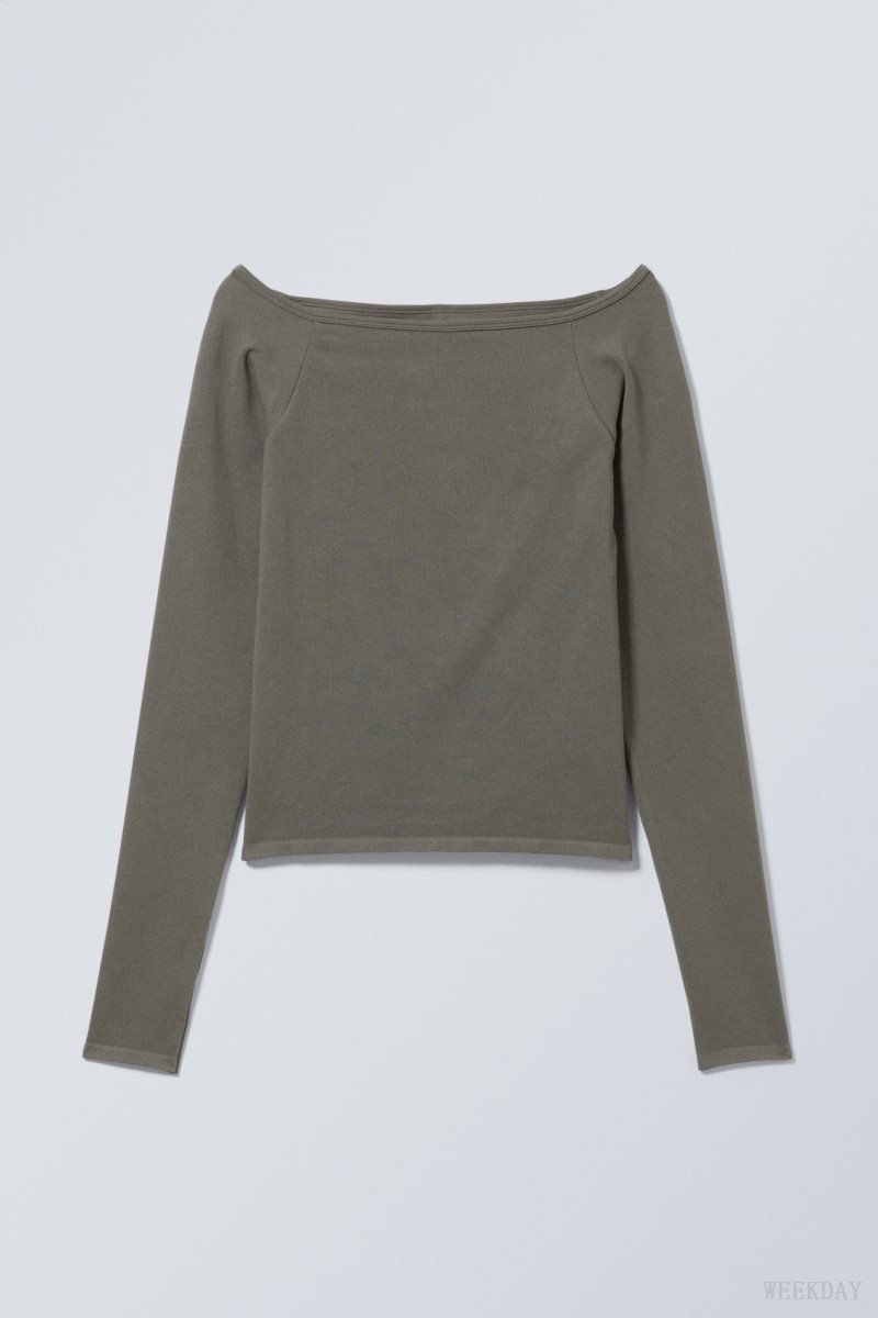 Weekday Seamless Off Shoulder Long Sleeve Khaki | XGTM5742