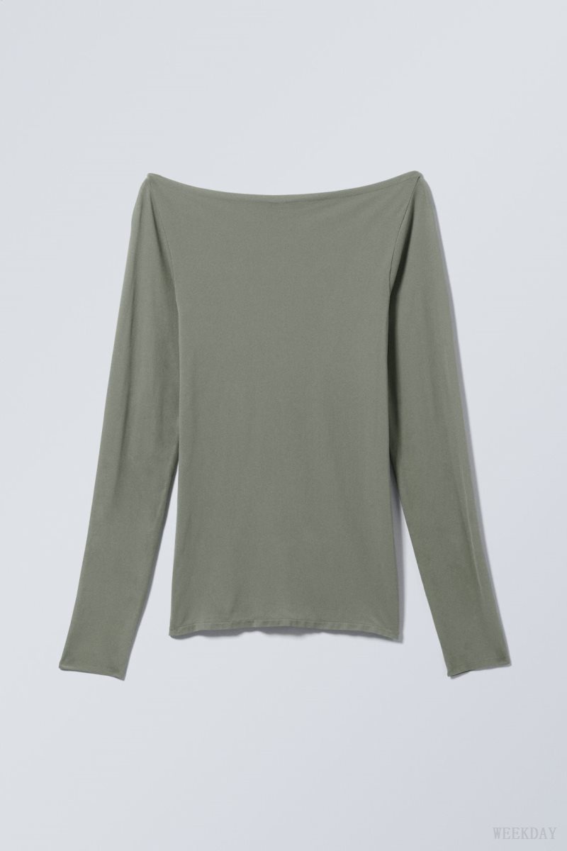 Weekday Sheer Boatneck Long Sleeve Khaki | KYFW9015