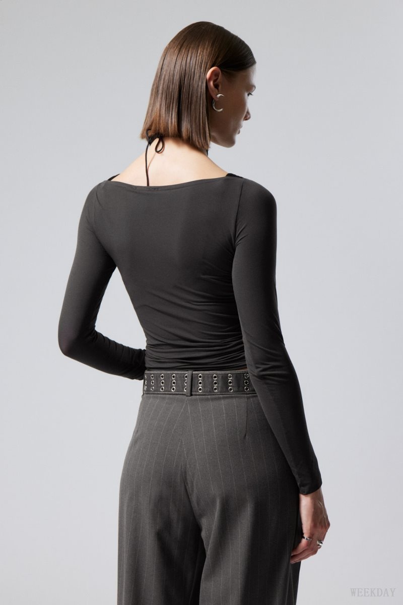 Weekday Sheer Boatneck Long Sleeve Sötétszürke | DFVI5595