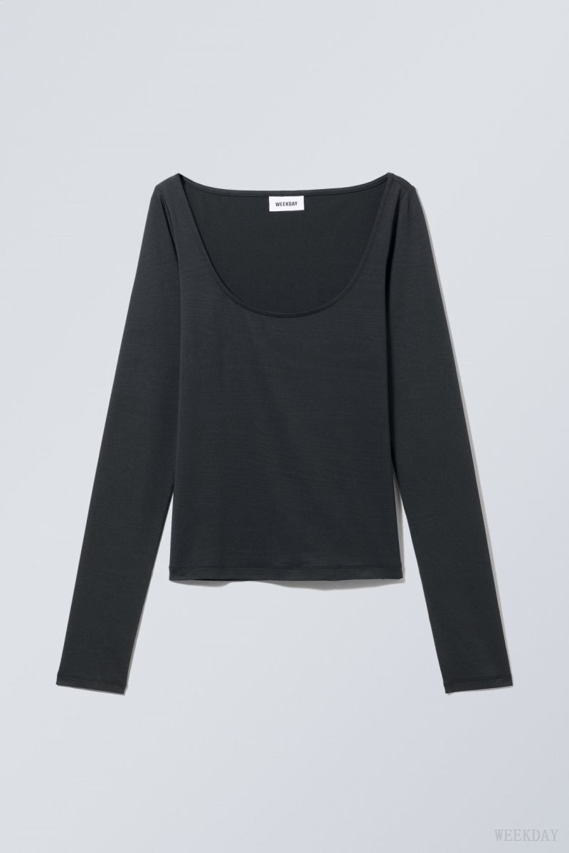 Weekday Tea Scoop Neck Long Sleeve Top Fekete | UJXB8197