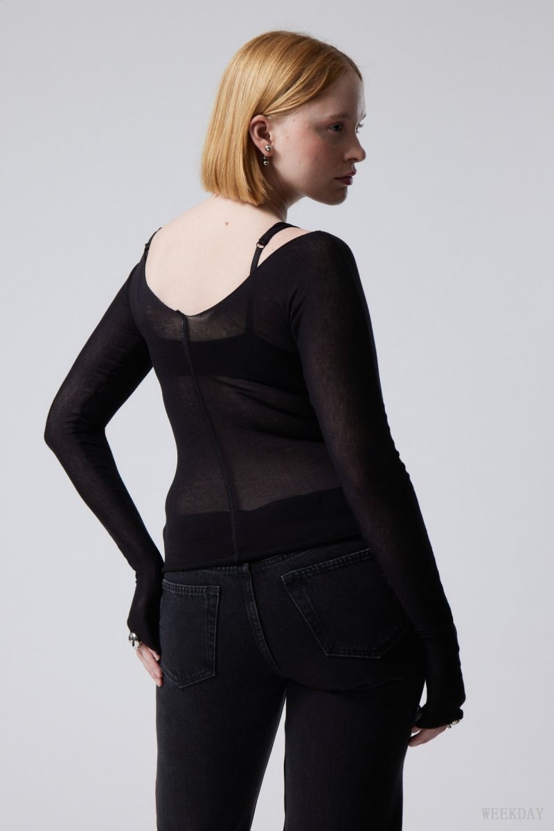 Weekday Yen Sheer Longsleeve Top Fekete | IPAW1107