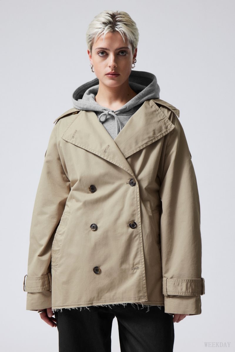 Weekday Zoey Rövid Frayed Trench Coat Bézs | FGQI5718