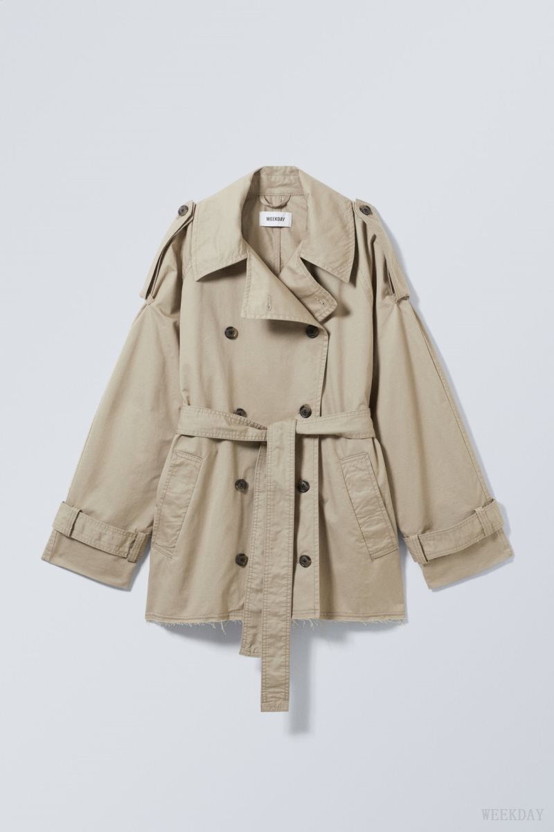 Weekday Zoey Rövid Frayed Trench Coat Bézs | FGQI5718